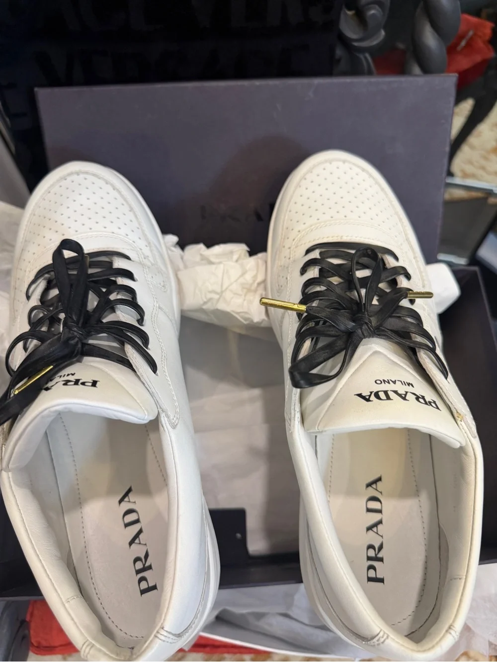 Prada White Leather Sneakers with Black Laces and Tan Soles